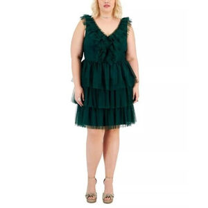 CITY STUDIOS Trendy Plus Size Dark Green Tulle Ruffle Fit & Flare Dress NWT